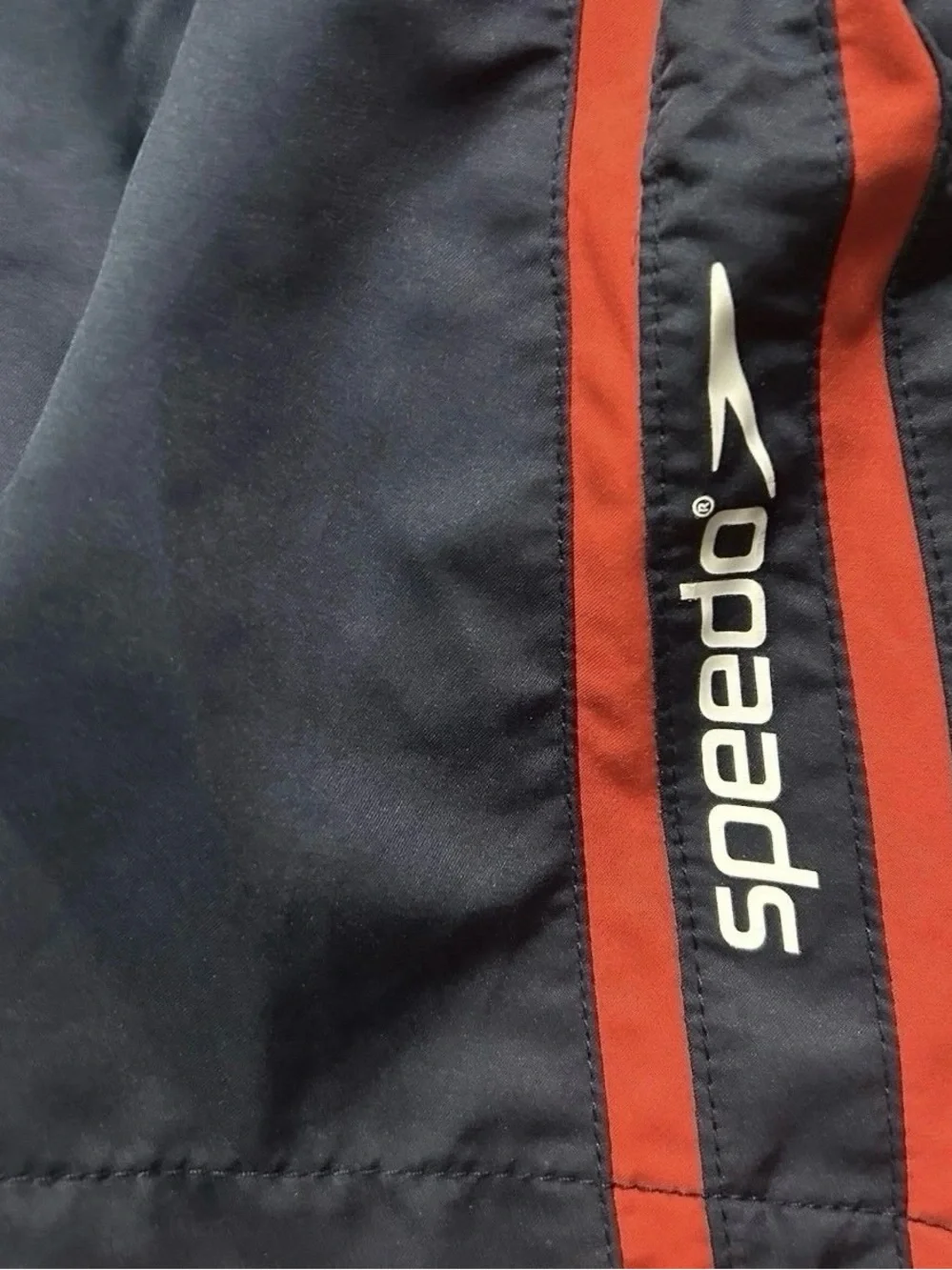 Men’s Speedo Navy Blue Swim Trunks With Red Stripe Size Medium No Lining